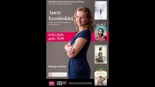 Plakat spotkania autorskiego Anety Krasińskiej z datą 13.05.2026 i okładkami książek