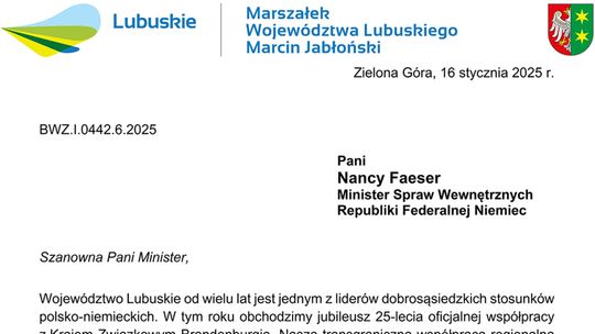 Pismo marszałka województwa lubuskiego do minister spraw wewnętrznych Niemiec