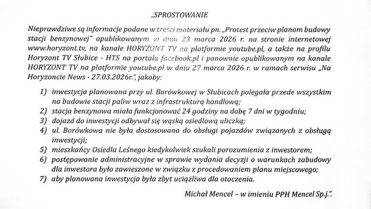 Sprostowanie informacji przedstawionych w materiale filmowym „Protest przeciw planom budowy stacji benzynowej” z 23 marca 2026