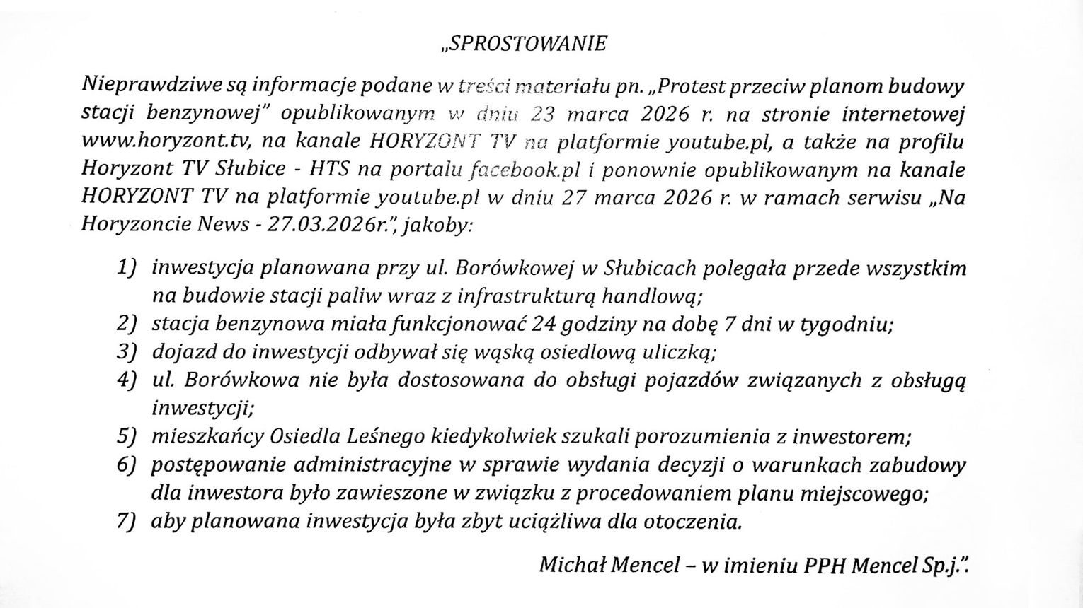 Sprostowanie informacji z materiału filmowego PT. „Protest przeciw planom budowy stacji benzynowej” z 23 marca 2026