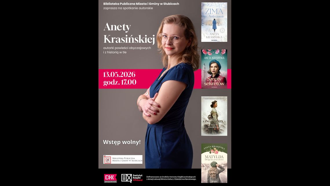 Plakat spotkania autorskiego Anety Krasińskiej z datą 13.05.2026 i okładkami książek