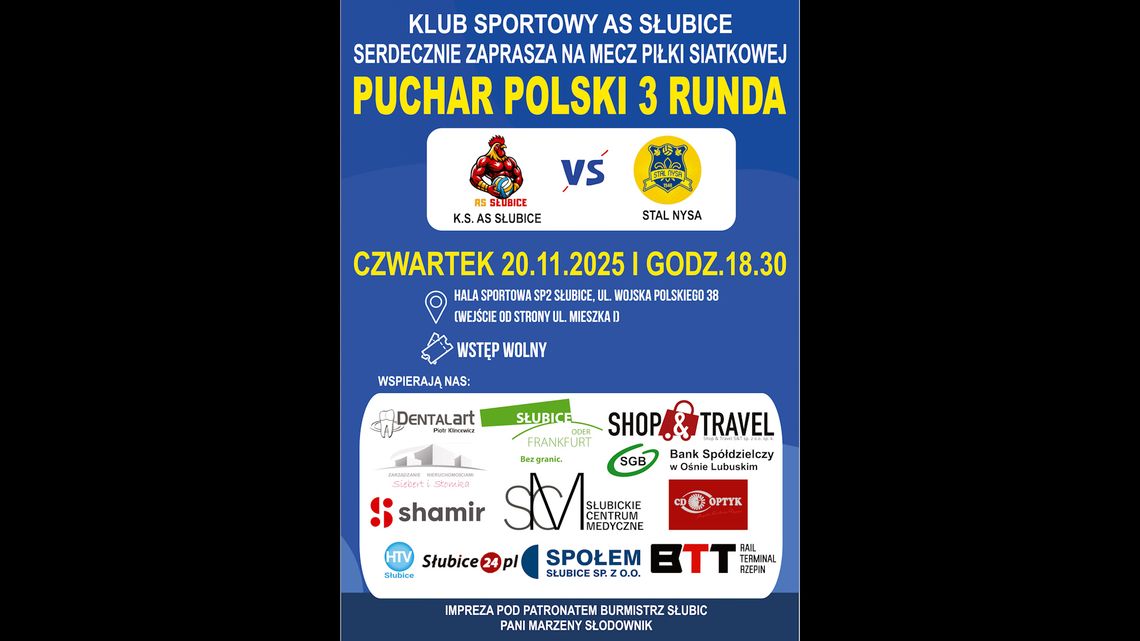 K.S. AS Słubice zaprasza na emocjonujący mecz pucharowy ze Stalą Nysa Plakat zapraszający na mecz K.S. AS Słubice z Stal Nysa w Pucharze Polski
