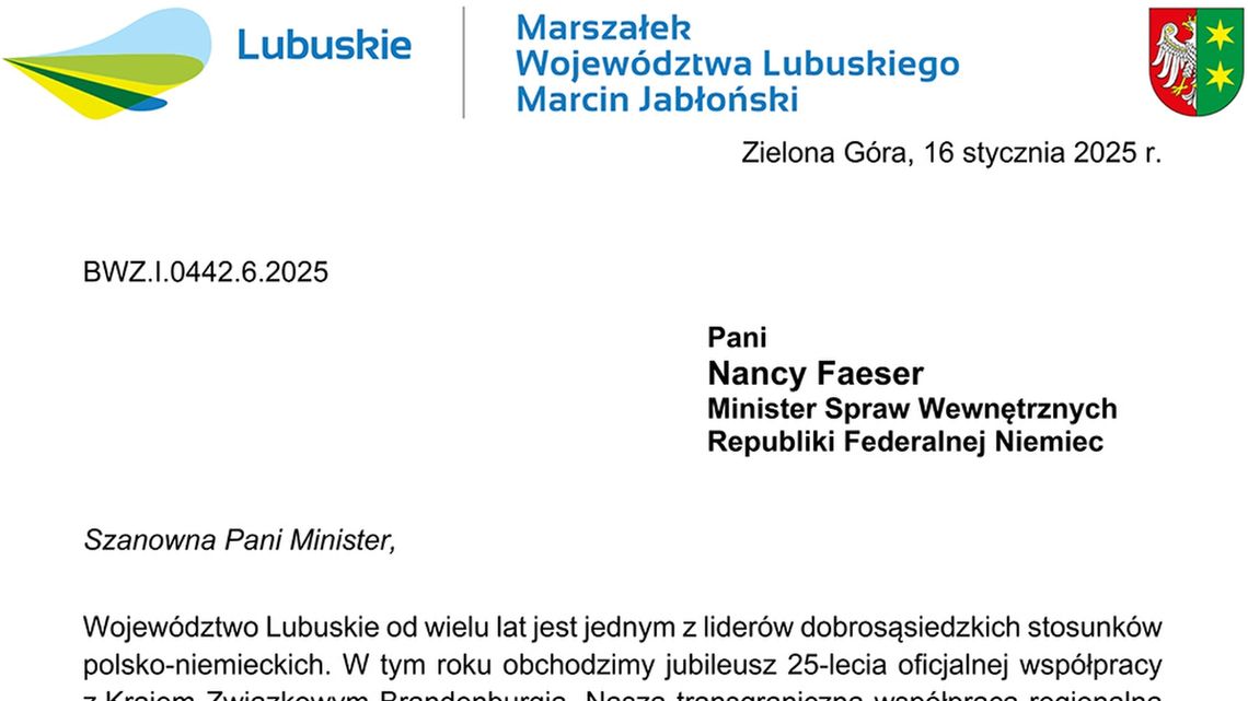 Pismo marszałka województwa lubuskiego do minister spraw wewnętrznych Niemiec