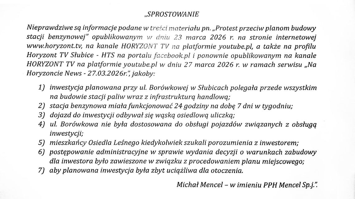 Sprostowanie informacji przedstawionych w materiale filmowym „Protest przeciw planom budowy stacji benzynowej” z 23 marca 2026